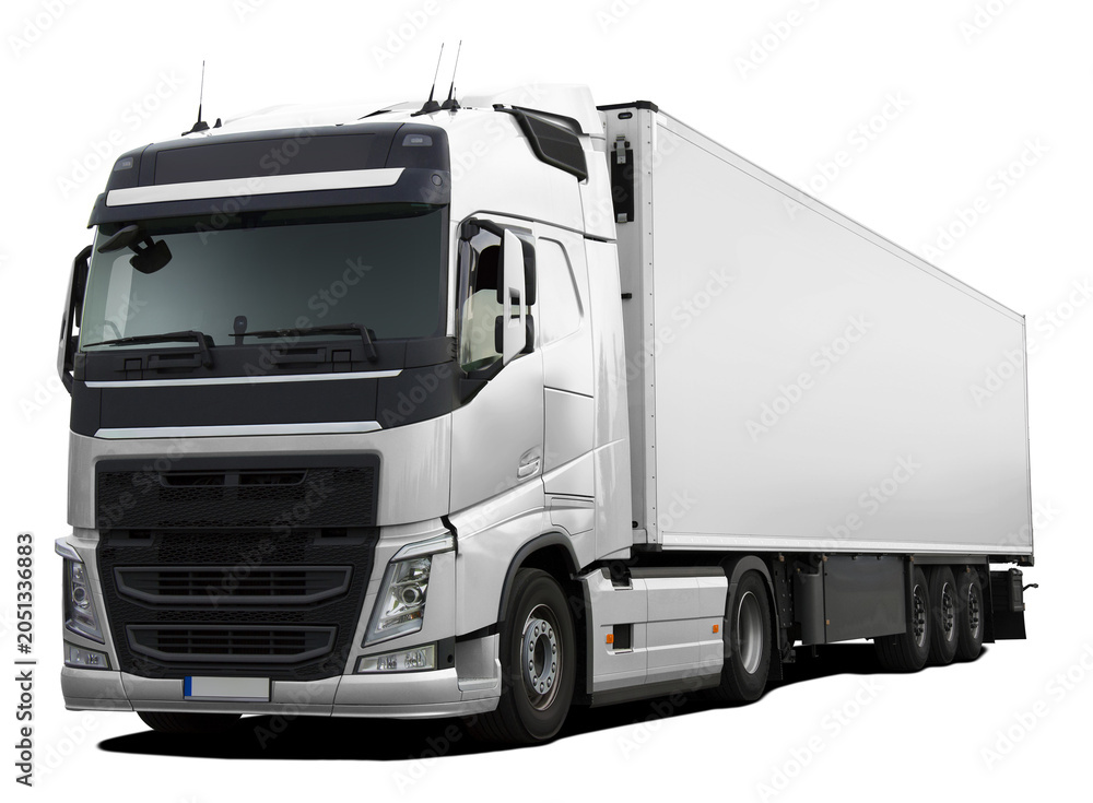 Obraz premium A modern European truck with a cab and semi-trailer in full white. Front side view isolated on white background.