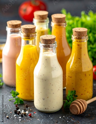 A colorful arrangement of condiment bottles on a rustic surface with herbs
