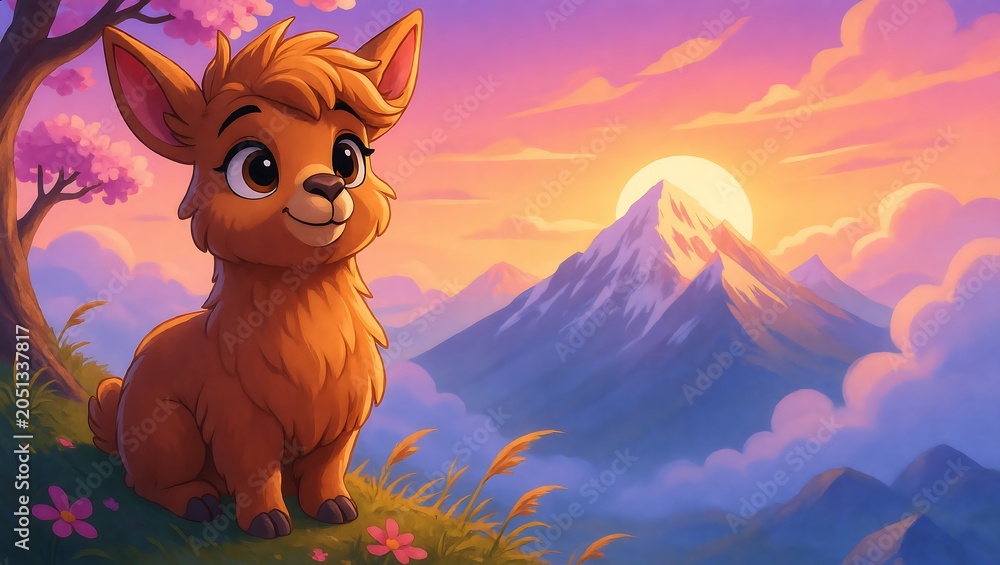 Naklejka premium Cute fluffy fantasy creature sitting on a grassy hill at sunset