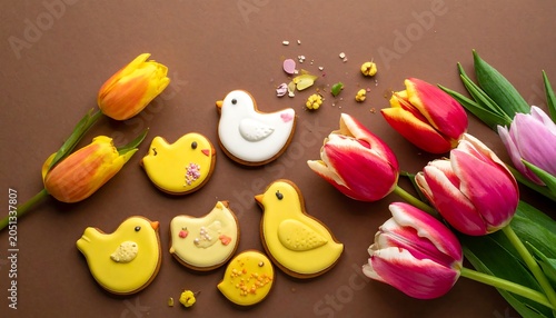 A colorful arrangement of cookies and flowers on a brown surface