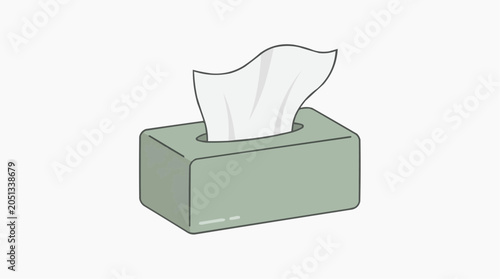 Green tissue box with white tissues peeking out on a white background with a subtle textured pattern on the box