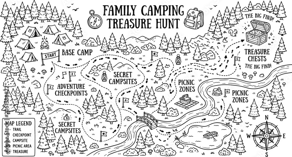 Fototapeta premium Kids scavenger hunt outdoor activity map background with secret campsites line art