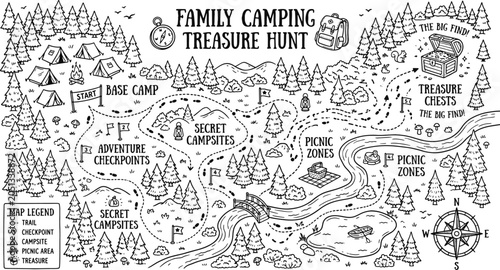 Valokuva Kids scavenger hunt outdoor activity map background with secret campsites line a