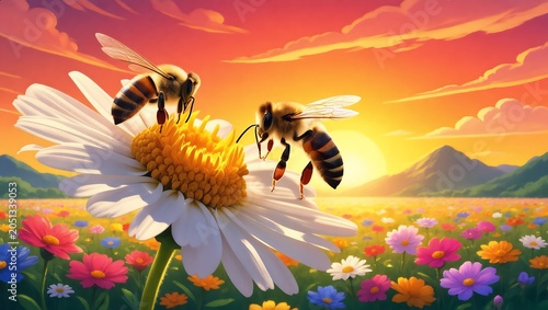 Zwei Bienen auf einer Margerite im Blumenfeld bei Sonnenuntergang