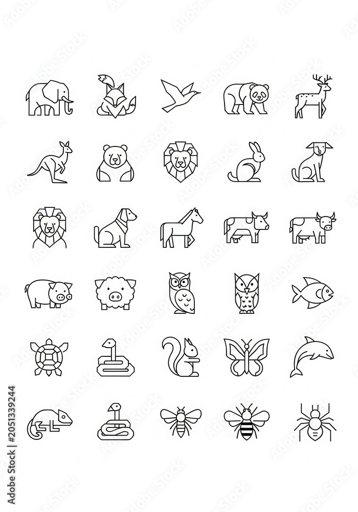 Fototapeta premium Set of 30 Minimalist Geometric Animal Line Art Icons for Modern Graphic Design, Web Interface, and Branding Projects
