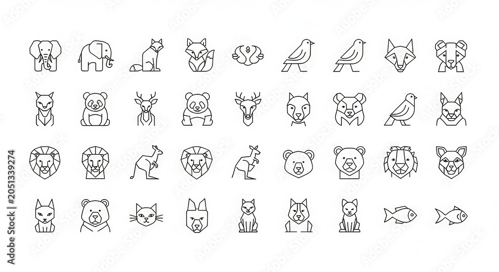 Fototapeta premium Large Set of Minimalist Geometric Animal Line Art Icons for Logo Design and Branding - Vector Illustration Collection