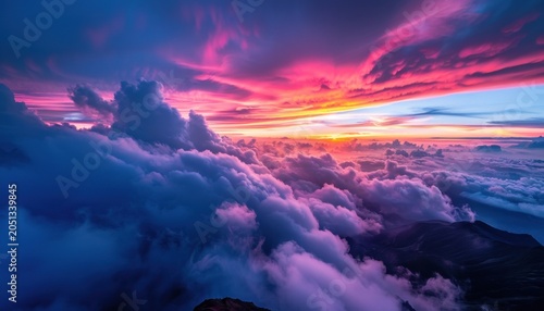 Breathtaking mountain sunset above the clouds