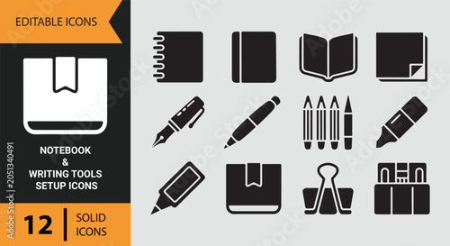 Photos Notebook Writing Tools Setup for Creative Planning and Organization Icons