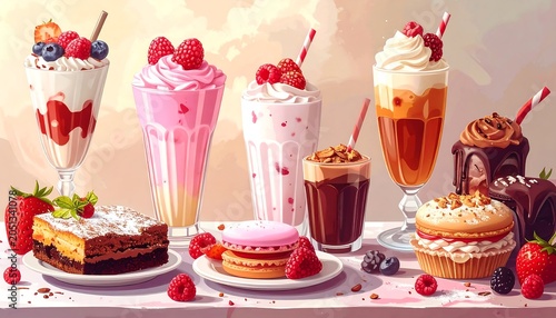 A colorful arrangement of desserts and milkshakes with various toppings