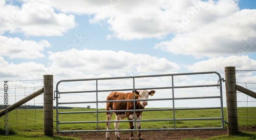 Young Brown and White Calf Standing Behind Metal Fence in Green Pasture Under Cloudy Sky
