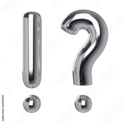 Exclamation Mark and Question Mark 3D Rendered Symbols Chrome Effect