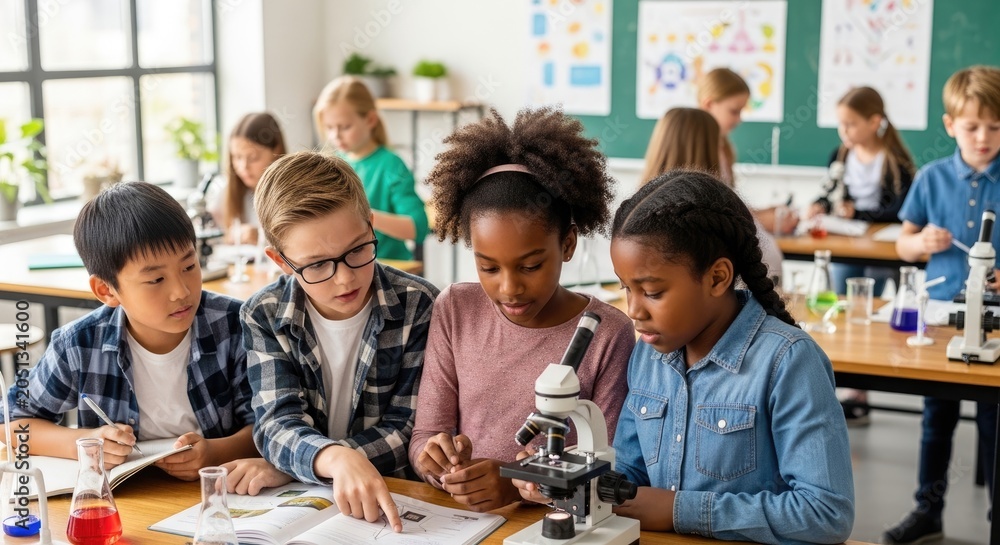 Fototapeta premium Children in a classroom setting, engaged in science experiments.