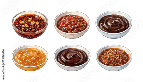 Fotografía Watercolor Illustration of various Asian dipping sauces and condiments in small