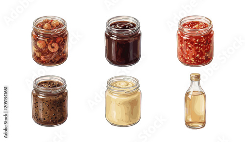Canvastavla Set of Watercolor Illustration depicting various kitchen sauces, condiments, chi