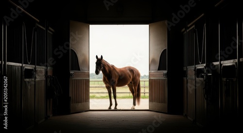 Majestic brown horse stands framed by open stable doors against a bright outdoor background
