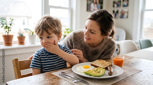 Mother Encouraging Picky Child to Eat Healthy Breakfast at Home