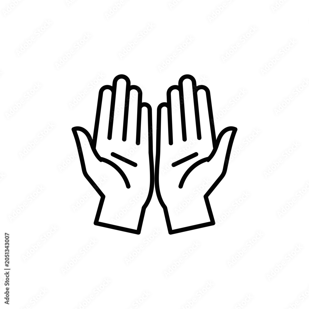 Fototapeta premium Pair of open hands in prayer gesture outline vector illustration with line art, religion