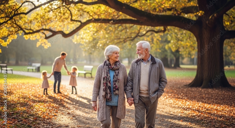 Fototapeta premium An elderly couple walking in a park with children in the background.