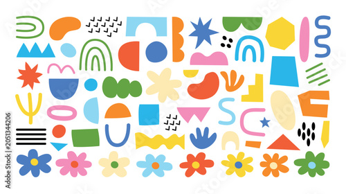 Big collection of abstract brutalist geometric symbols and objects in Y2k style. Retro futuristic design elements. Hand drawn vector illustrations, signs, shapes and figures, dots, blobs, doodle lines