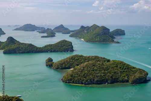 Spectacular panoramic view of the tropical islands from Pha Chan Charat viewpoint on Ko Wua Ta Lap, Mu Ko Ang Thong, Thailand