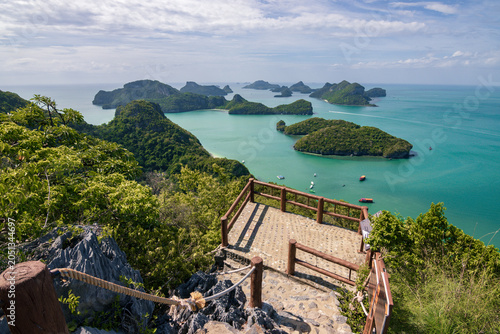 Spectacular panoramic view of the tropical islands from Pha Chan Charat viewpoint on Ko Wua Ta Lap, Mu Ko Ang Thong, Thailand