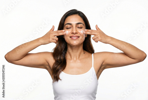 Relaxed young South Asian woman applying face cream under eyes isolated on white background
