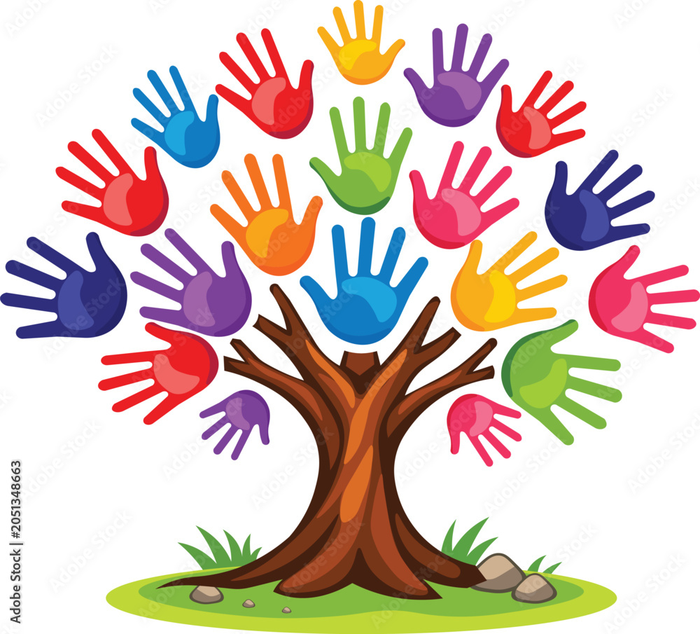 Fototapeta premium Diversity Tree Vector Illustration – Colorful Handprint Leaves on Branches