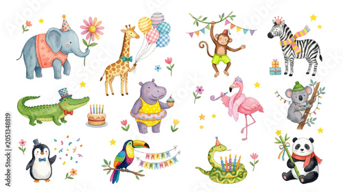 Canvas Print Cute birthday animals clipart, tropical party and festive decor