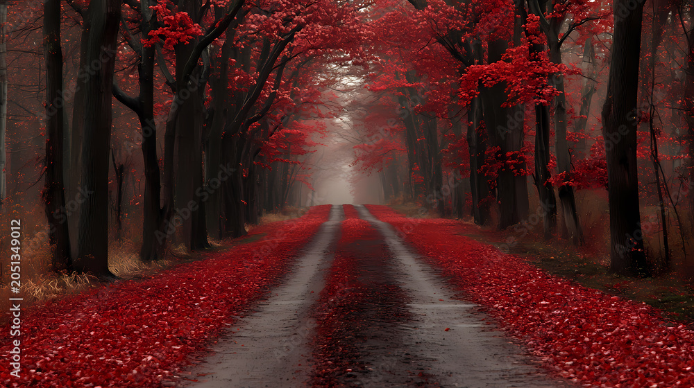 Obraz premium Autumnal Red Forest Road Path