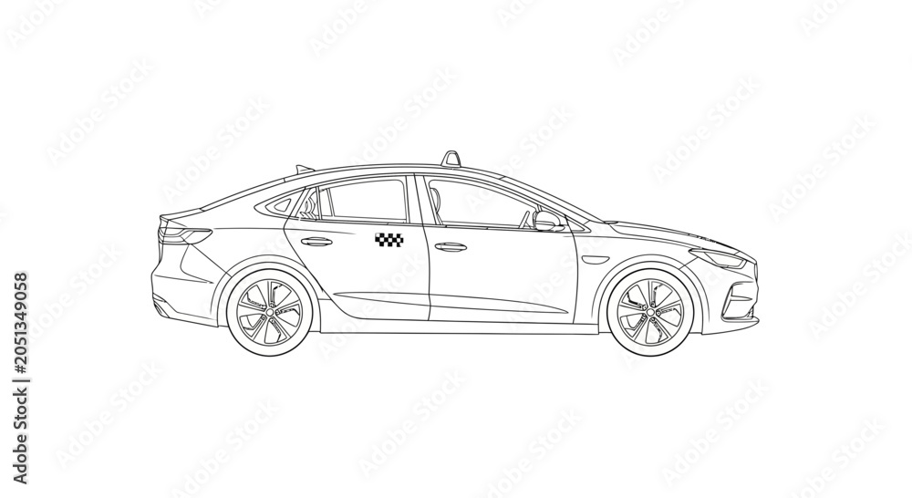 Fototapeta premium Detailed Line Drawing of a Modern Sedan Car Side View.