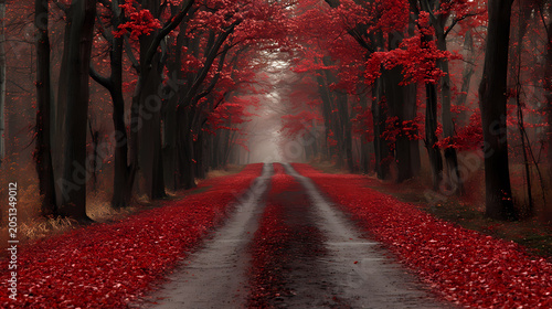 Autumnal Red Forest Road Path