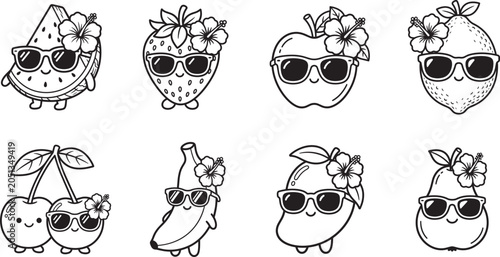 Cute summer fruits coloring book page line art set featuring cartoon watermelon, strawberry, apple, lemon, cherry, banana, mango, and pear wearing sunglasses.