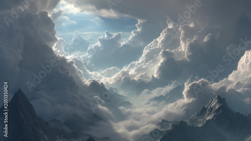 Mountain peaks piercing through a sea of clouds under a bright sky with sunlight shining through