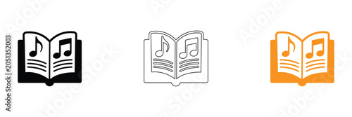 Foto Music book icons in black, Line art, And orange on white background