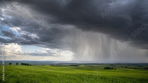 Dramatic thunderstorm with heavy rain shaft over green rolling fields under dark brooding clouds