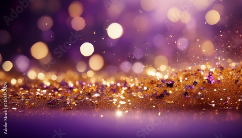 Glitter Particles Shimmering On Blurred Purple Gold Background