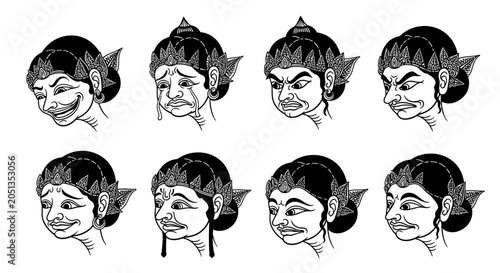 Tableau sur toile Javanese Wayang Puppet Characters Expressing Diverse Emotions.