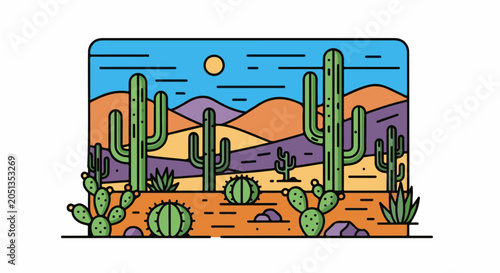 A stylized desert landscape illustration with cacti and rolling hills under a bright sun