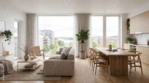 Inviting and airy open-plan living and dining space in a modern apartment, boasting Scandinavian design, abundant natural light, and a tranquil city outlook