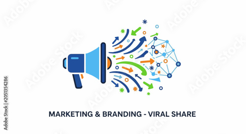 A megaphone emits colorful arrows and abstract shapes, symbolizing viral spread