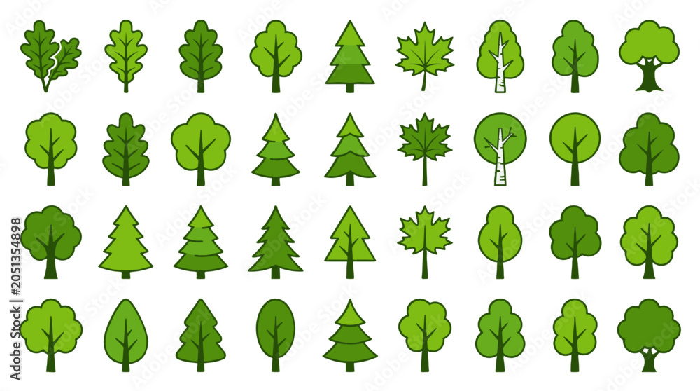 Fototapeta premium Collection of green tree icons in simple vector style