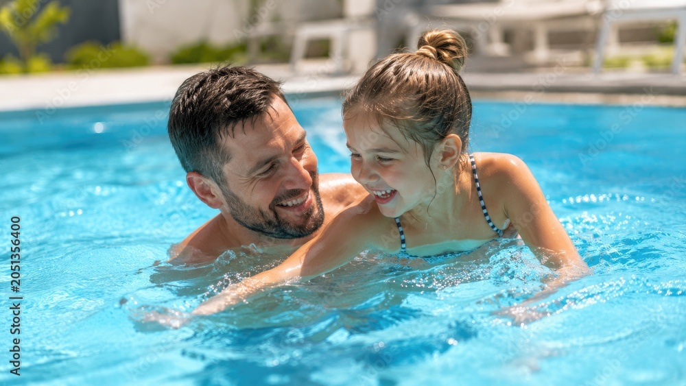 Fototapeta premium Father and daughter smiling and playing together in a backyard swimming pool on a sunny summer day