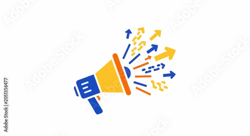 A stylized megaphone emits numerous arrows and dots in blue, orange, and yellow, indicating outward communication