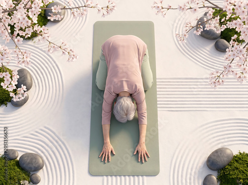 Person Practicing Pilates on Mat in Zen Garden with Calming Blooming Flowers