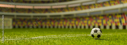 3D Render Football on Green Grass Field in Stadium with Colorful Seats World Cup Concept Illustration