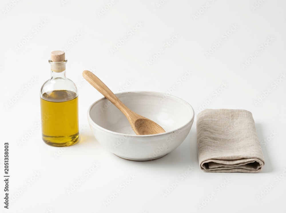 Fototapeta premium Natural Skincare Preparation: A simple set of ingredients for homemade skincare - a bottle of olive oil, a ceramic bowl with a wooden spoon, and a linen cloth.
