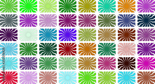 Colorful sunburst patterns vector illustration with diverse radial beams in rectangular grid layout isolated on transparent background for creative design projects.