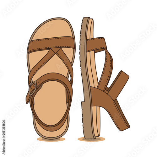 Brown leather sandals cartoon illustration top and side view isolated on white