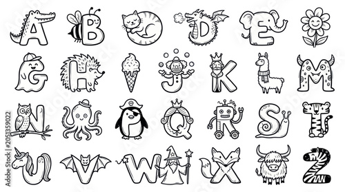 Photography Hand-drawn Alphabet Letters with Cute Cartoon Animals and Objects