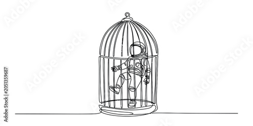 Continuous single line drawing of an astronaut trapped inside a bird cage Vector, illustration